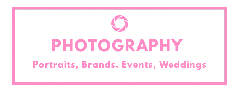 Sign for photography services, including portraits, brands, events, and weddings, with a black background and pink borders and text.