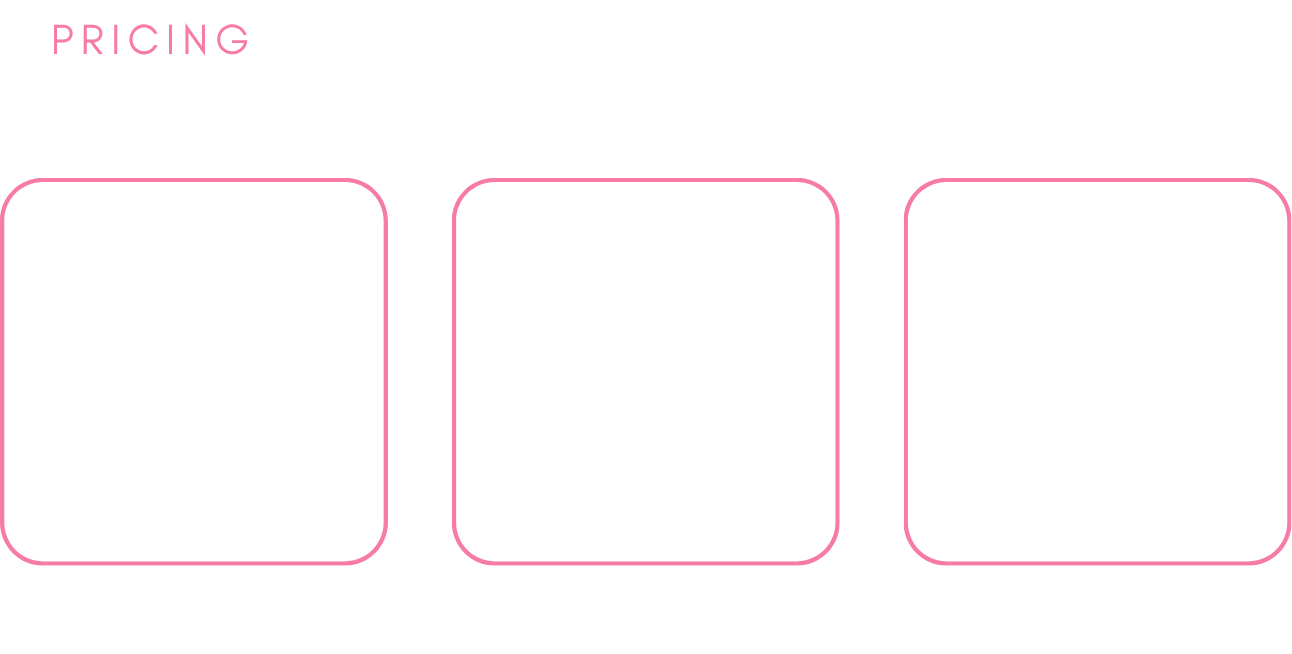 Pricing starting rates for photography, video production, and graphics on a black background with pink borders. Photography $199, video production $399, graphics $75. Full package details sent after booking form submission.