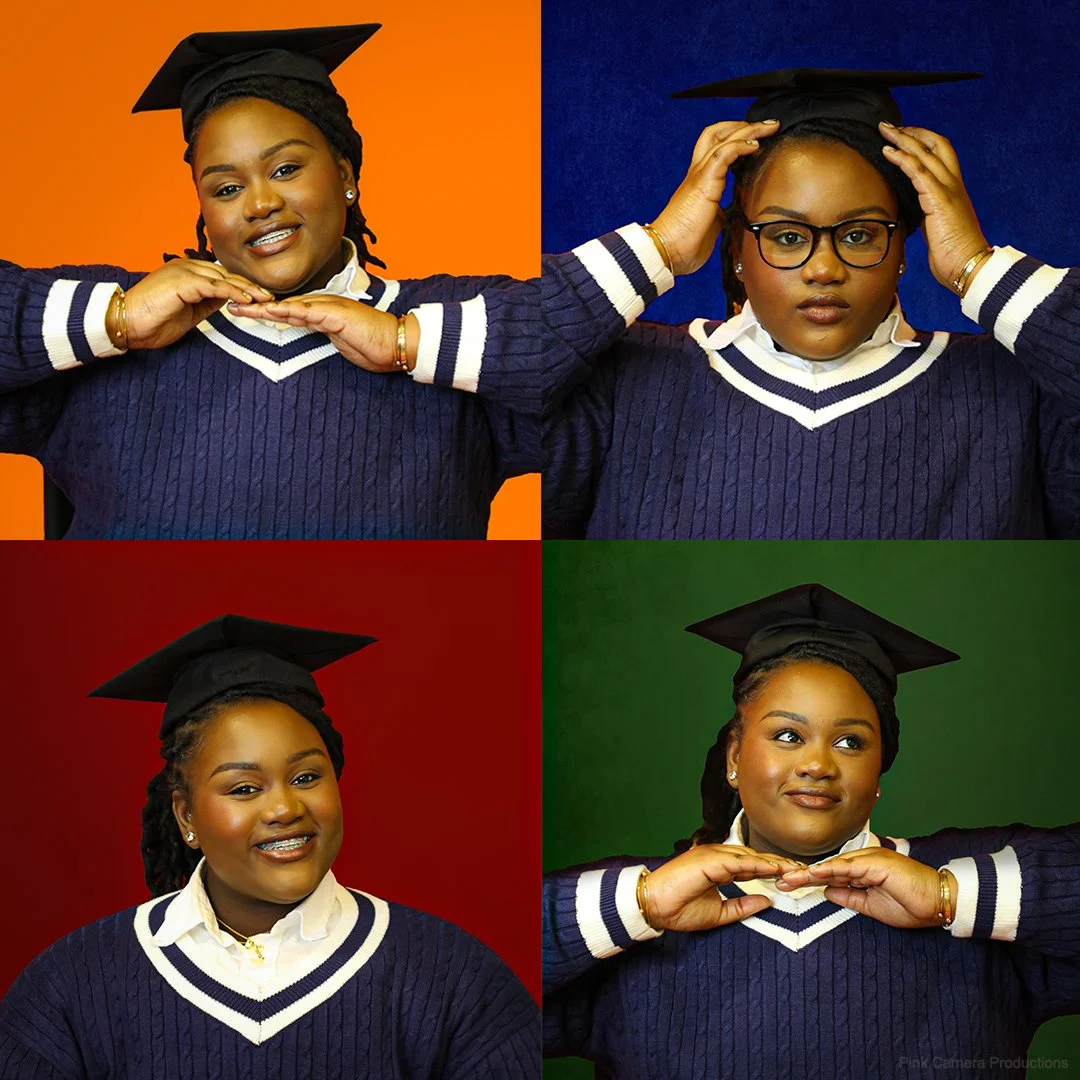A collage of four photos of a young woman wearing a graduation cap and gown. Each photo has a different colorful background: orange, blue, red, and green. She is posing with various facial expressions and hand gestures, wearing glasses in some images