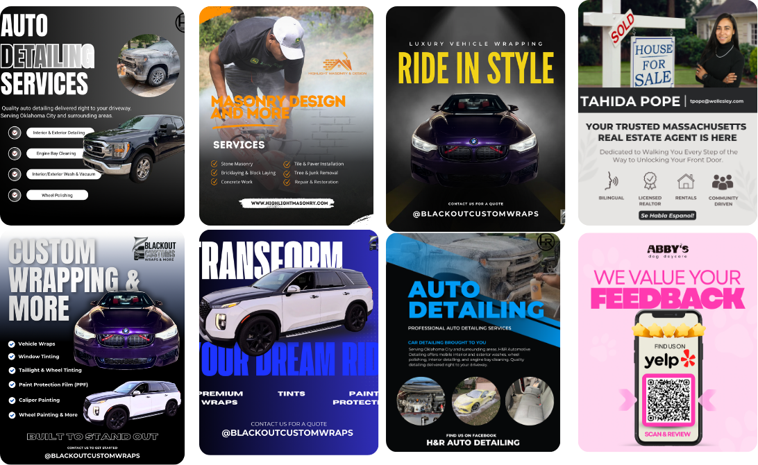 Collection of advertisements for auto detailing, masonry services, luxury car wraps, real estate, custom wrapping, auto detailing, and a dog daycare, featuring various cars, a woman holding a house sign, and a mobile phone with Yelp review QR code.
