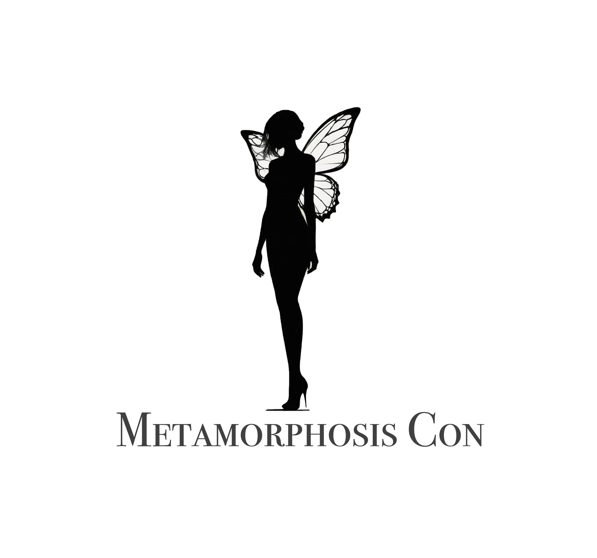 Black silhouette of a fairy with butterfly wings, standing on a white background with the text 'Metamorphosis Con' below.