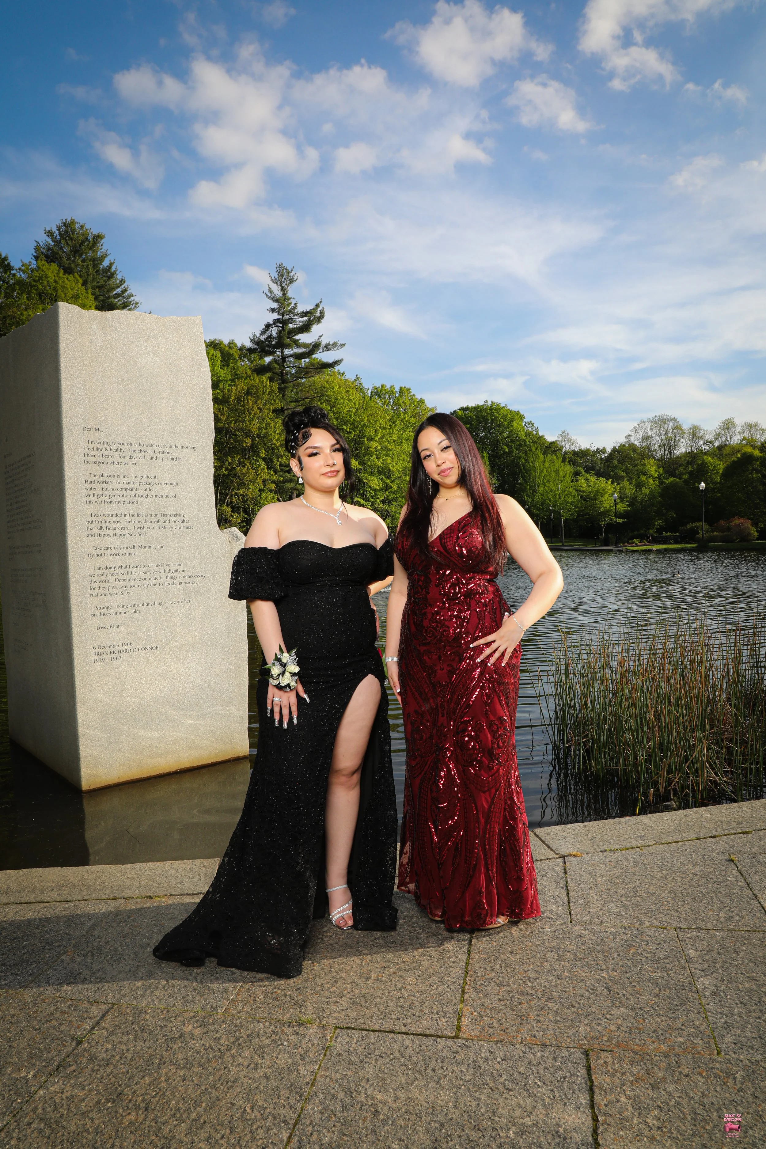 Two women in formal dresses standing by a pond, with trees and a blue sky in the background.