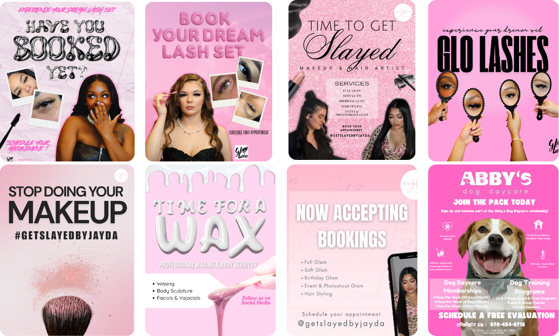 A collage of beauty and pet care services advertisements on pink backgrounds, including eyelash extensions, makeup, waxing, hair styling, and dog daycare programs.