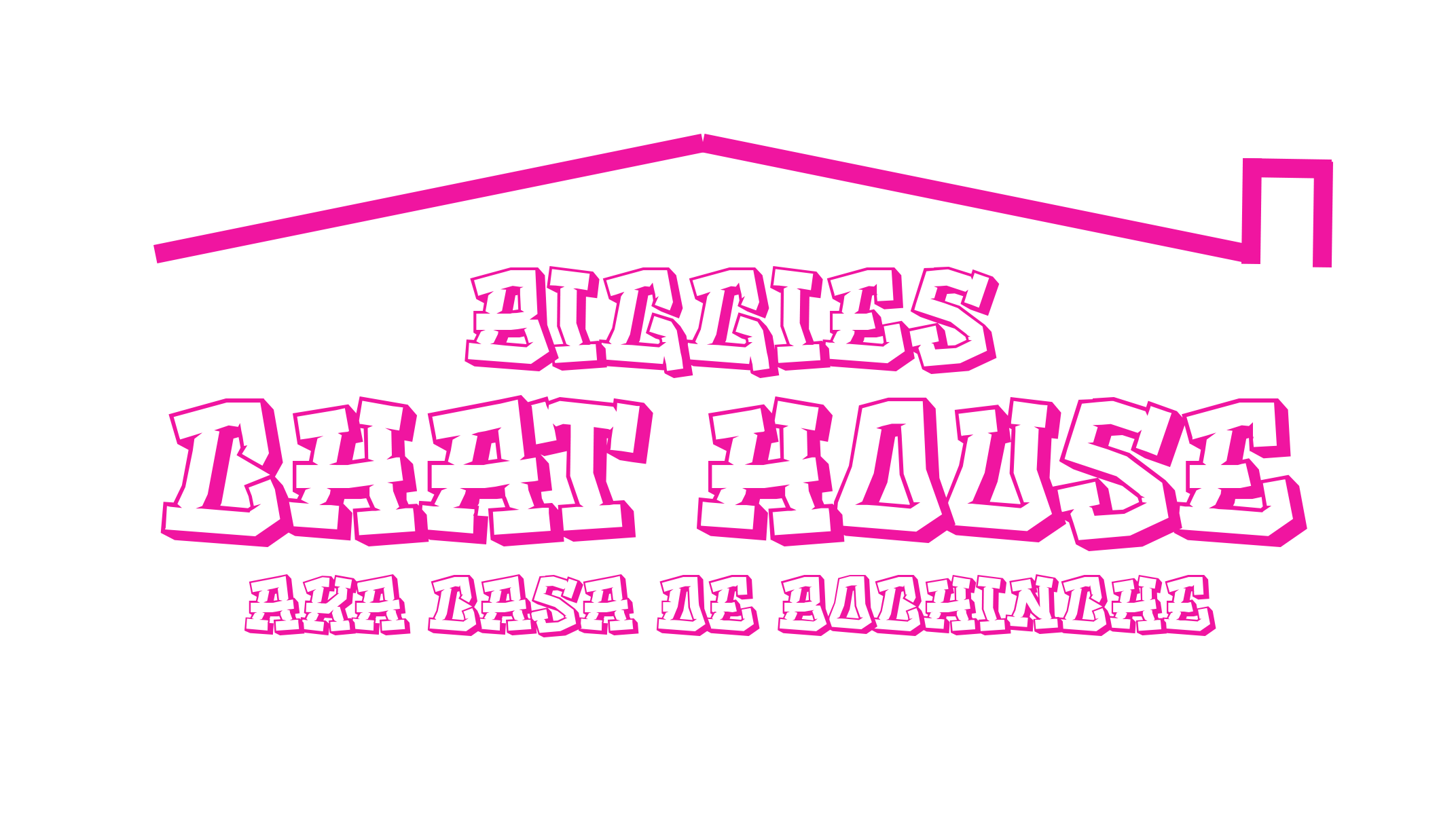 Logo for 'Buckies Dark House' with stylized pink and purple text, and an outline of a house on a black background.