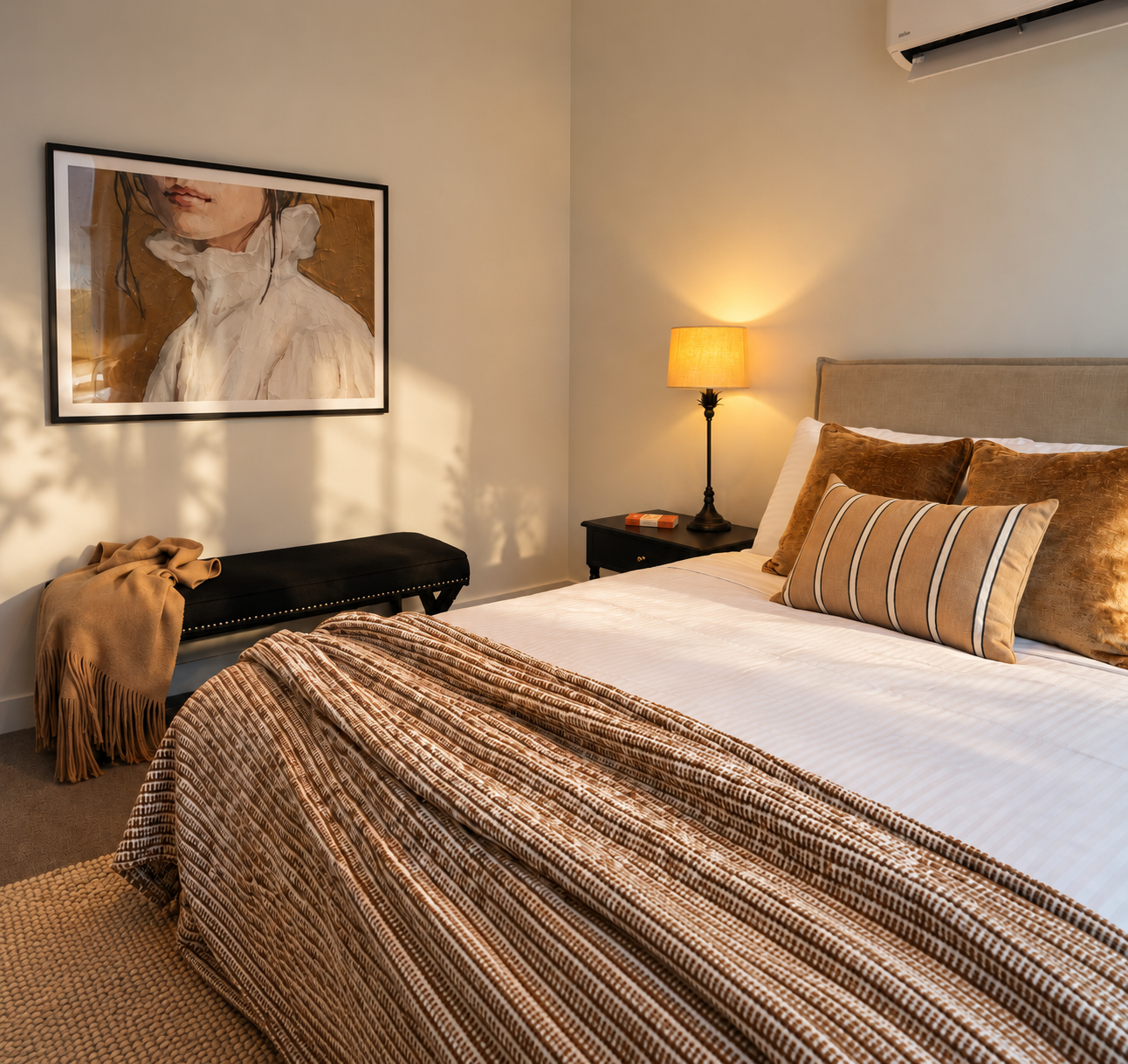 Styled master bedroom in a short-stay apartment with upholstered bedhead, bedside lamps, feature cushions, artwork and a bench seat