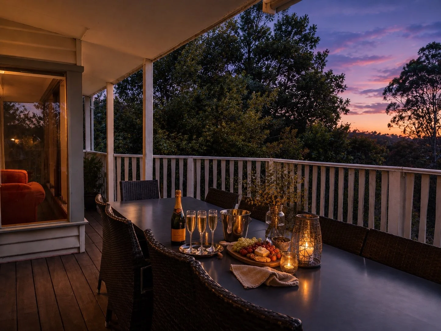 Holiday home verandah at dusk with an outdoor dining table set with sparkling wine, a cheese platter and candles
