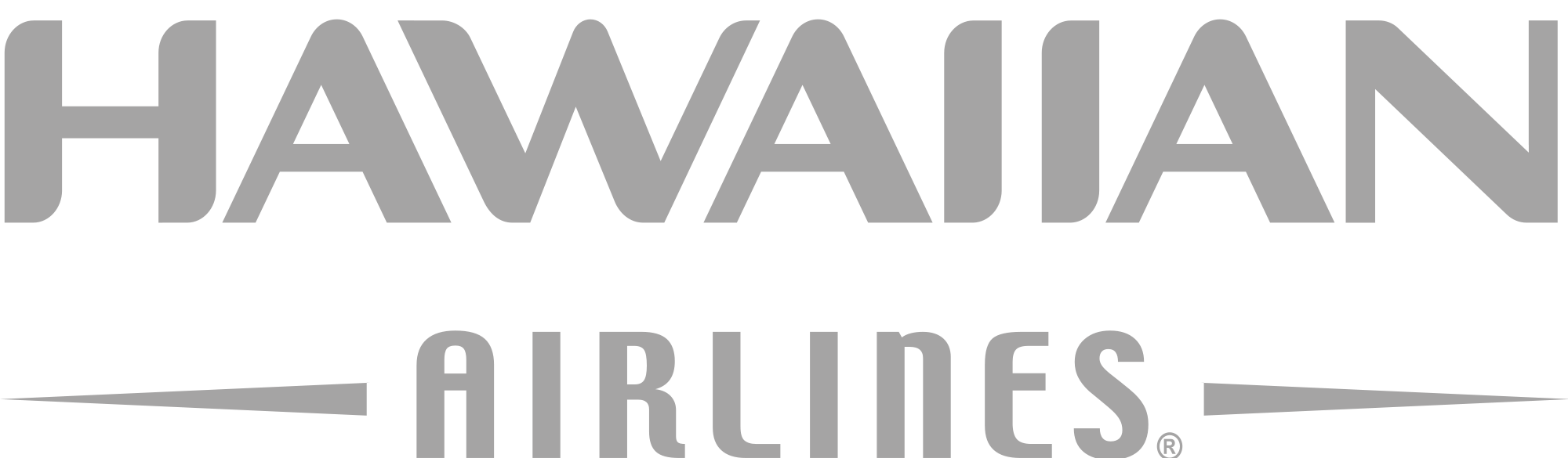 Logo of Hawaiian Airlines in gray with the word 'Hawaiian' in large letters above 'Airlines' and a stylized airplane arrow underneath.