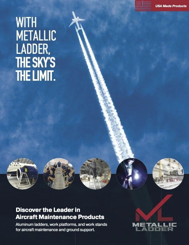 An advertisement for Metallic Ladder featuring a jet flying in the sky and leaving a contrail, with the tagline "With Metallic Ladder, the sky's the limit." It promotes aircraft maintenance products, showing images of work platforms and support equipment at the bottom, and includes the Metallic Ladder logo with a red check mark.
