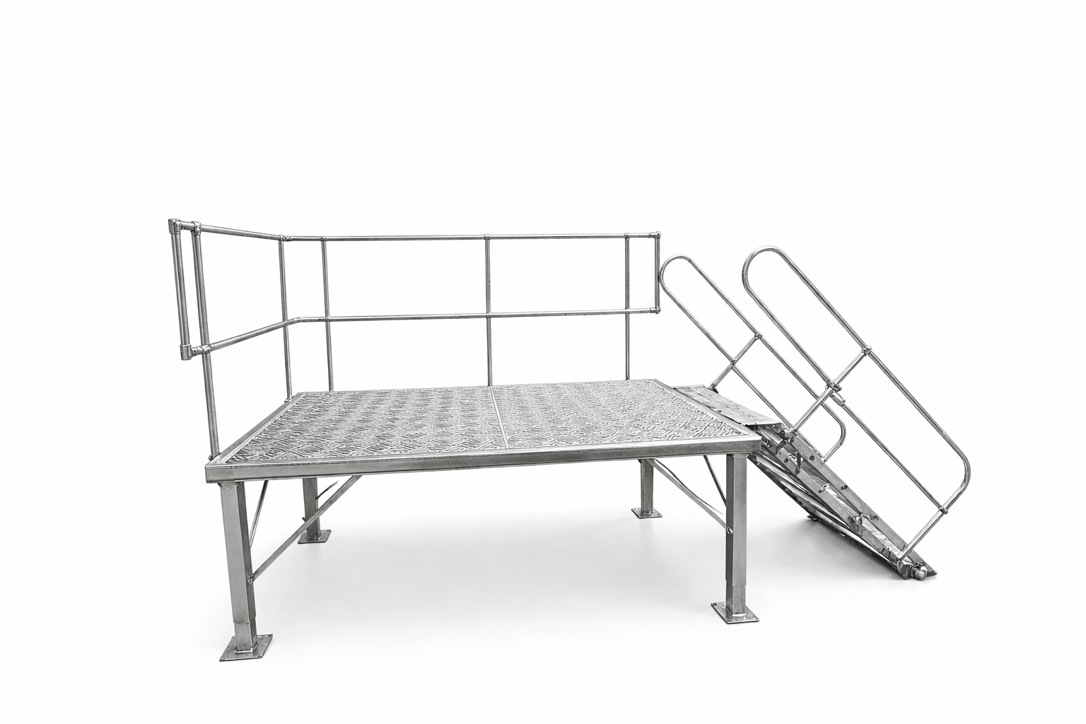 Stainless steel wheelchair accessible platform with a small ramp and safety railings, isolated on white background.