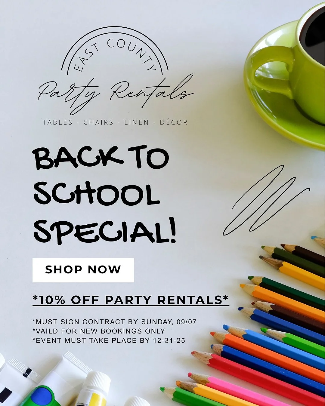 Happy Back to School! 📚✏️ Get 10% OFF all party rentals for your next event! 🎉

🌐 www.eastcountypartyrentals.com

&bull;Must Sign Contract by Sunday, 09/07
&bull;Valid for New Bookings Only
&bull;Event Must Take Place by 12-31-25

#backtoschool #b