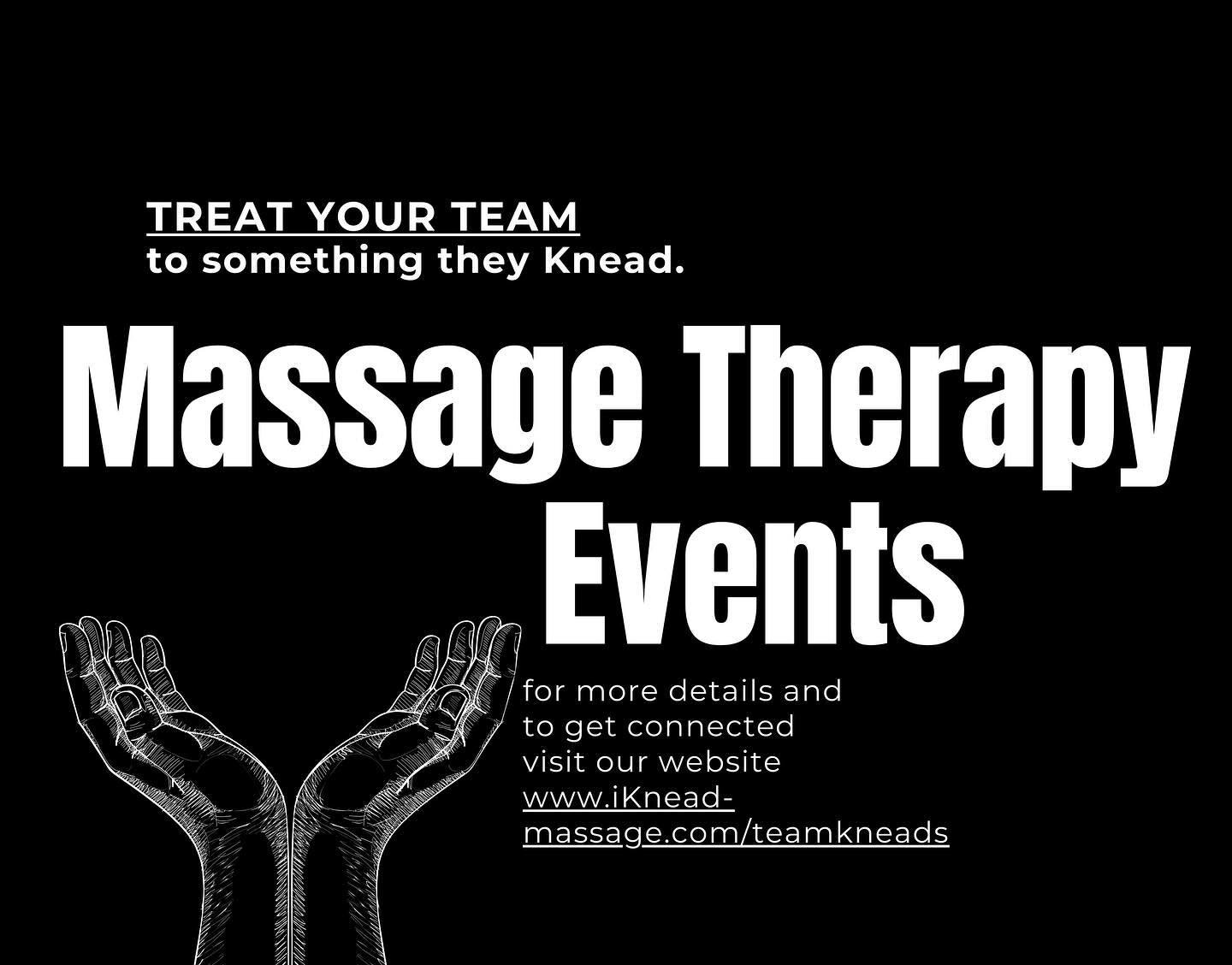 ❗️One of my favorite things about Massage Therapy is that it can be done anywhere! Let us help destress and reenergize your team for a strong close to the year. 

💭 iKnead Massage Events are perfect for Staff Appreciation, Parties, Sporting Events..