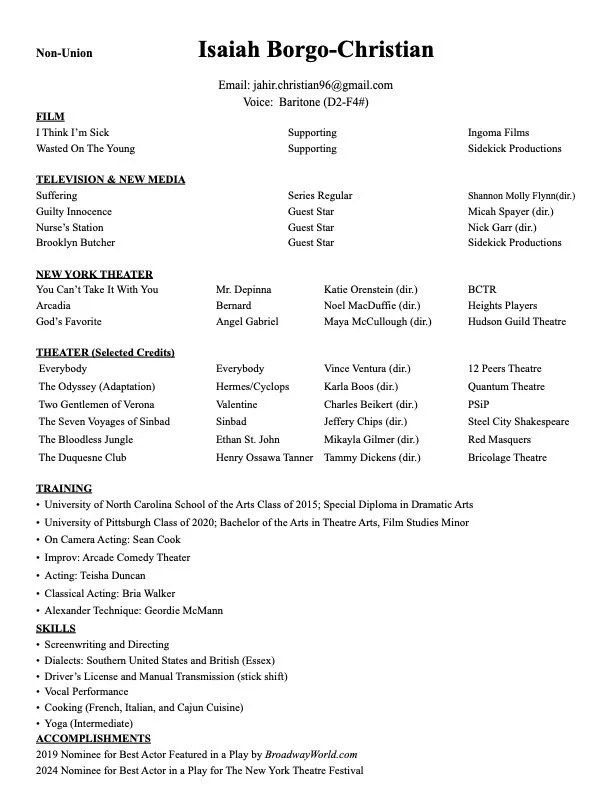 A resume for Isaiah Borgo-Christian showing contact information, voice type, film, TV, theater credits, training, skills, and accomplishments.