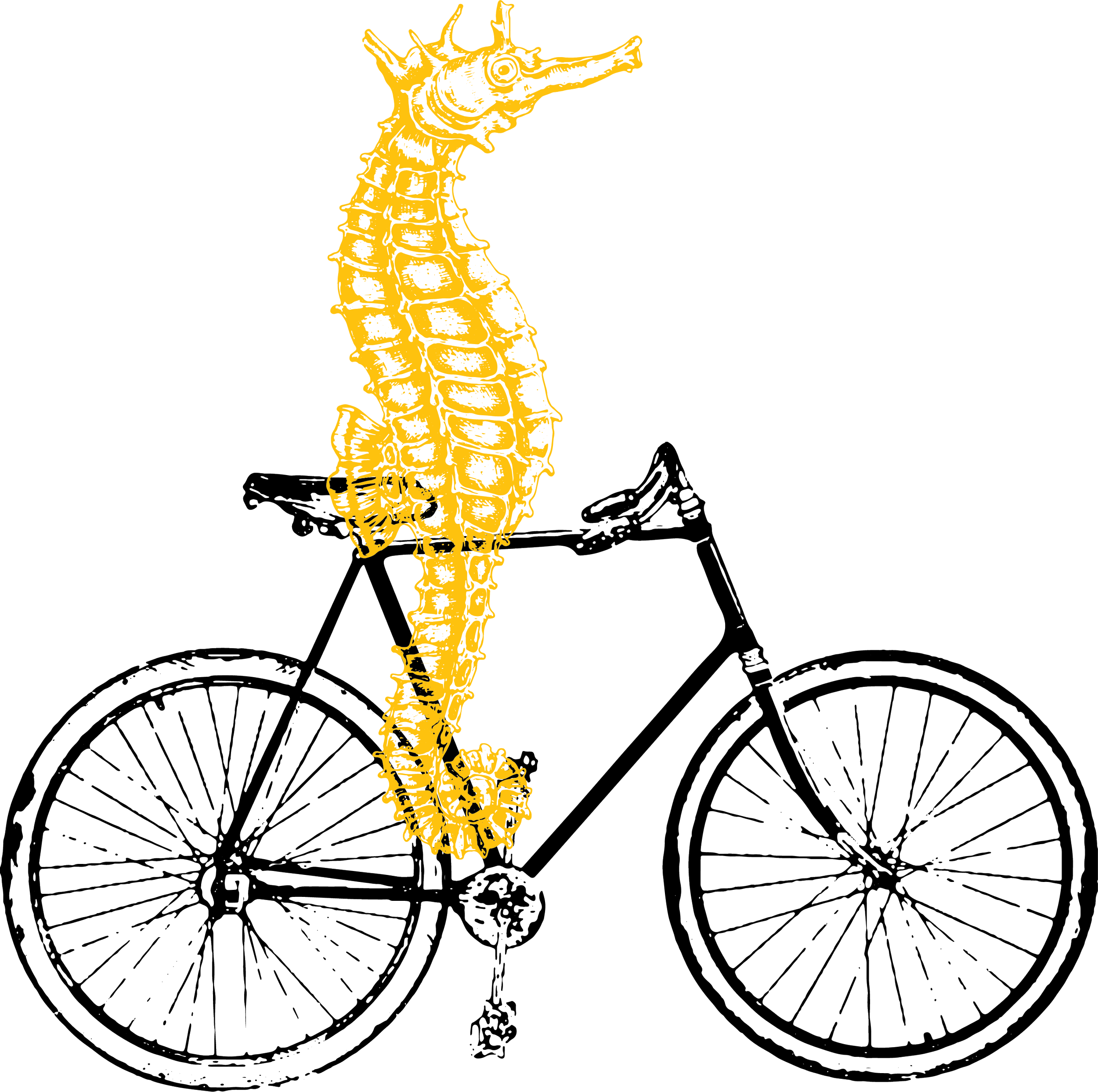An outline drawing of a seahorse in yellow  riding a black mens bicycle