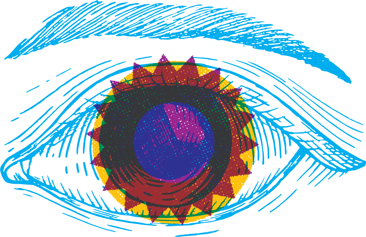 Vintage etched style eye and eyebrow in blue, with a colourful circle and star superimposed on the pupil and iris.