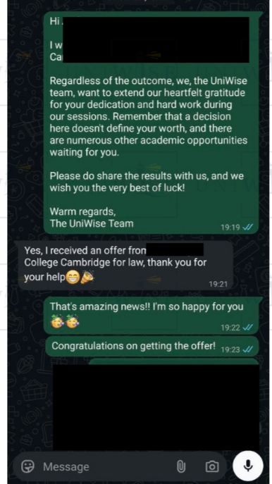 Screenshot of message containing thanks for support in getting Cambridge Law Offer