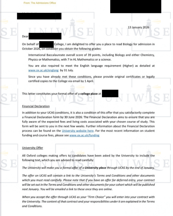 Oxford Biology Offer Letter