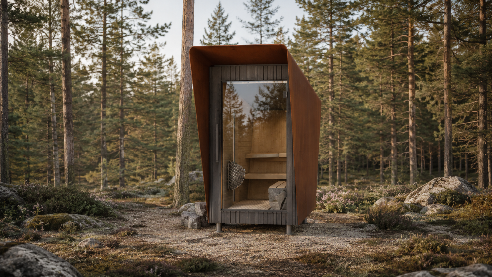 Ein moderner Sauna im Wald, umgeben von Bäumen und Steinen.