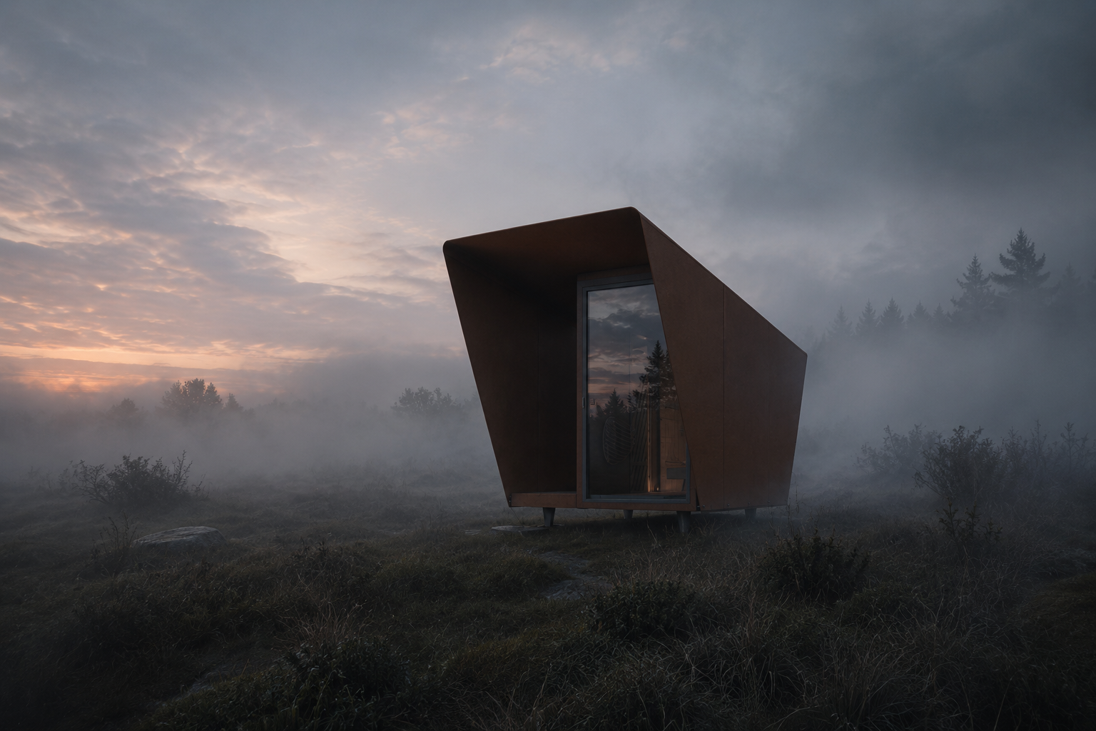 Ein modernes, schräg gestaltetes Holzhaus steht in einer nebligen Naturlandschaft bei Sonnenuntergang, umgeben von Büschen und Bäumen.