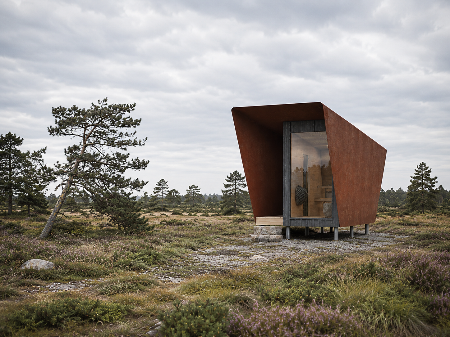 Ein modernes, außergewöhnliches Haus mit rustikaler Optik inmitten einer natürlichen Landschaft mit Kiefern und Heidelbeeren, bei bewölktem Himmel.