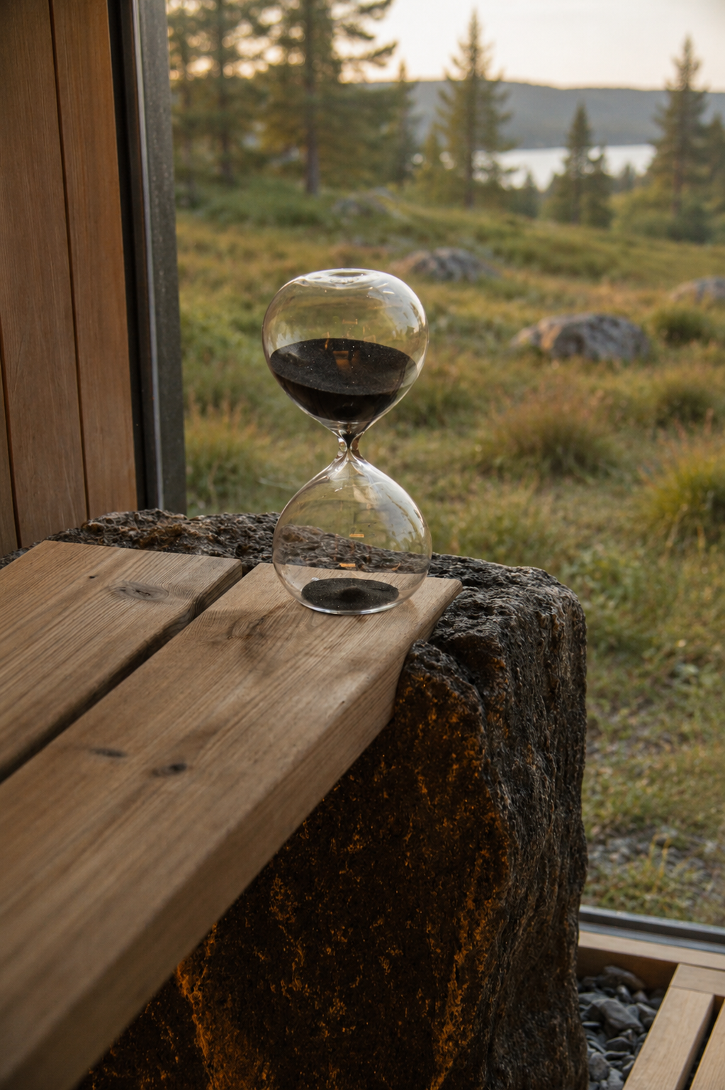 Sanduhr auf einem Holztisch vor einer Fensteransicht mit Bäumen und Wasser im Hintergrund.