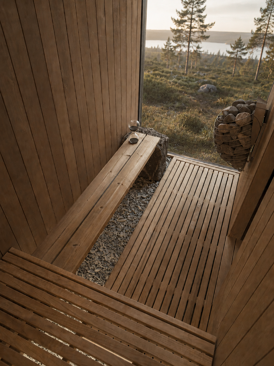 Innenraum einer Holzsauna mit Badetuchhaltern, einem Sanduhr und Blick auf eine bewaldete Landschaft mit Wasser im Hintergrund.