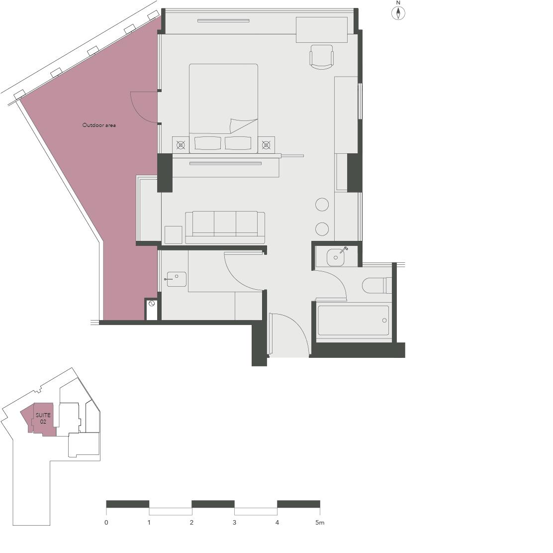 One Bed Deluxe + Terrace (566 + 234 sq ft Gross)