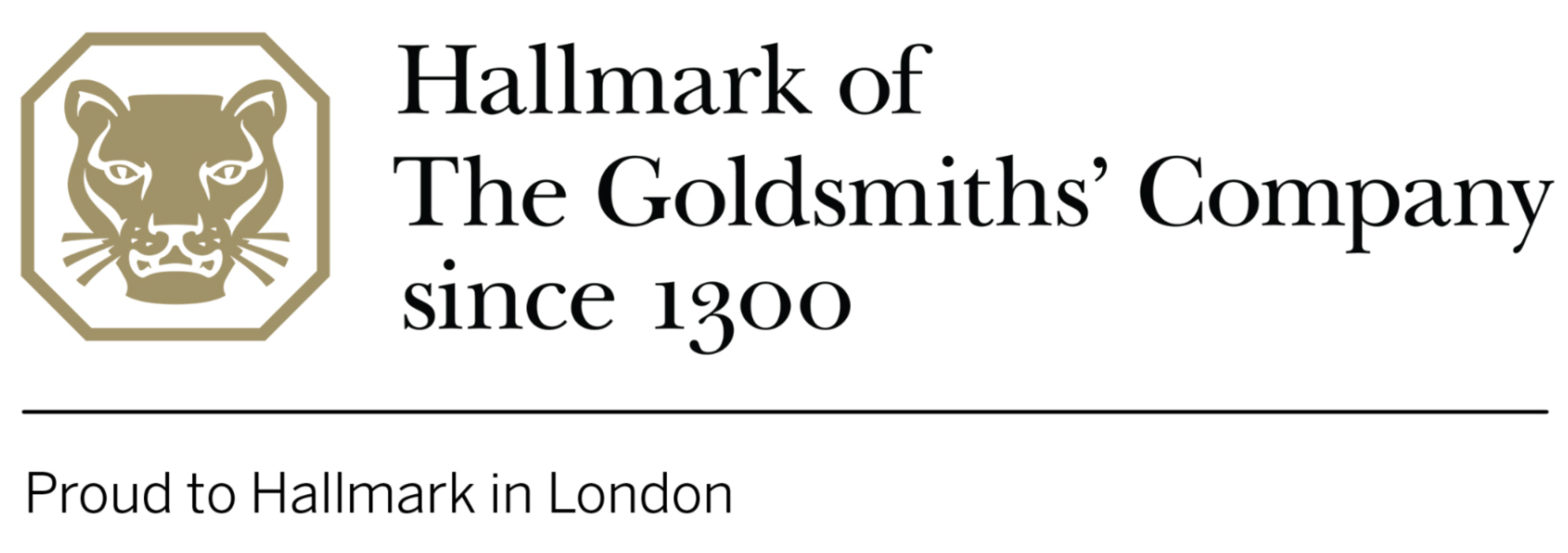 Logo of Hallmark of The Goldsmiths' Company with a leopard head emblem and text "Proud to Hallmark in London."
