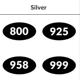 Image showing silver purity marks with numbers: 800, 925, 958, and 999, each inside black ovals.