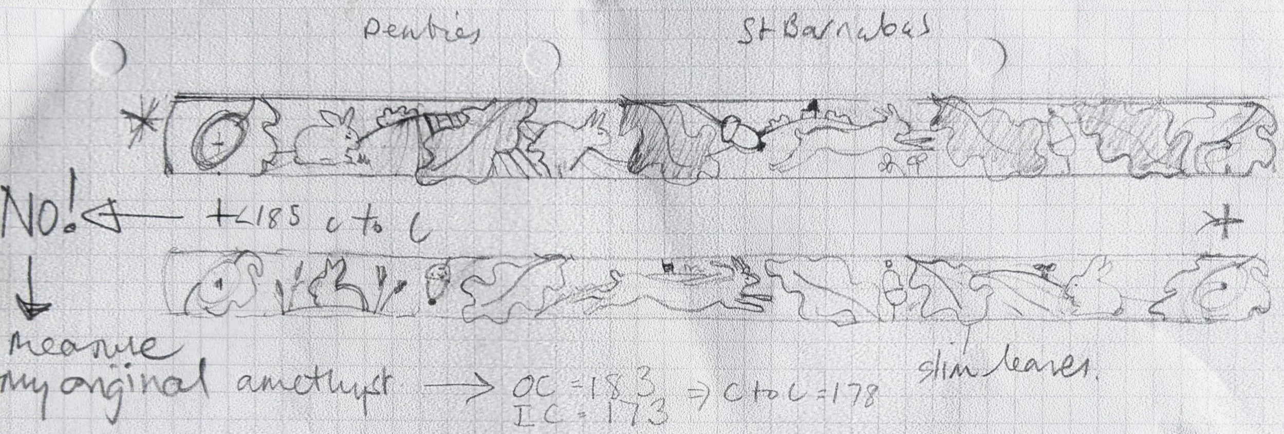 Graph paper with pencil sketches of decorative borders featuring rabbits, leaves, and other small elements. Handwritten notes and measurements are visible around the sketches.