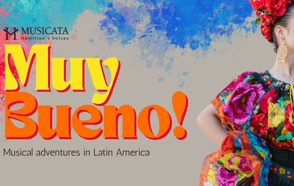Muy Bueno in bright letters with an image of a brightly dressed Latin American woman