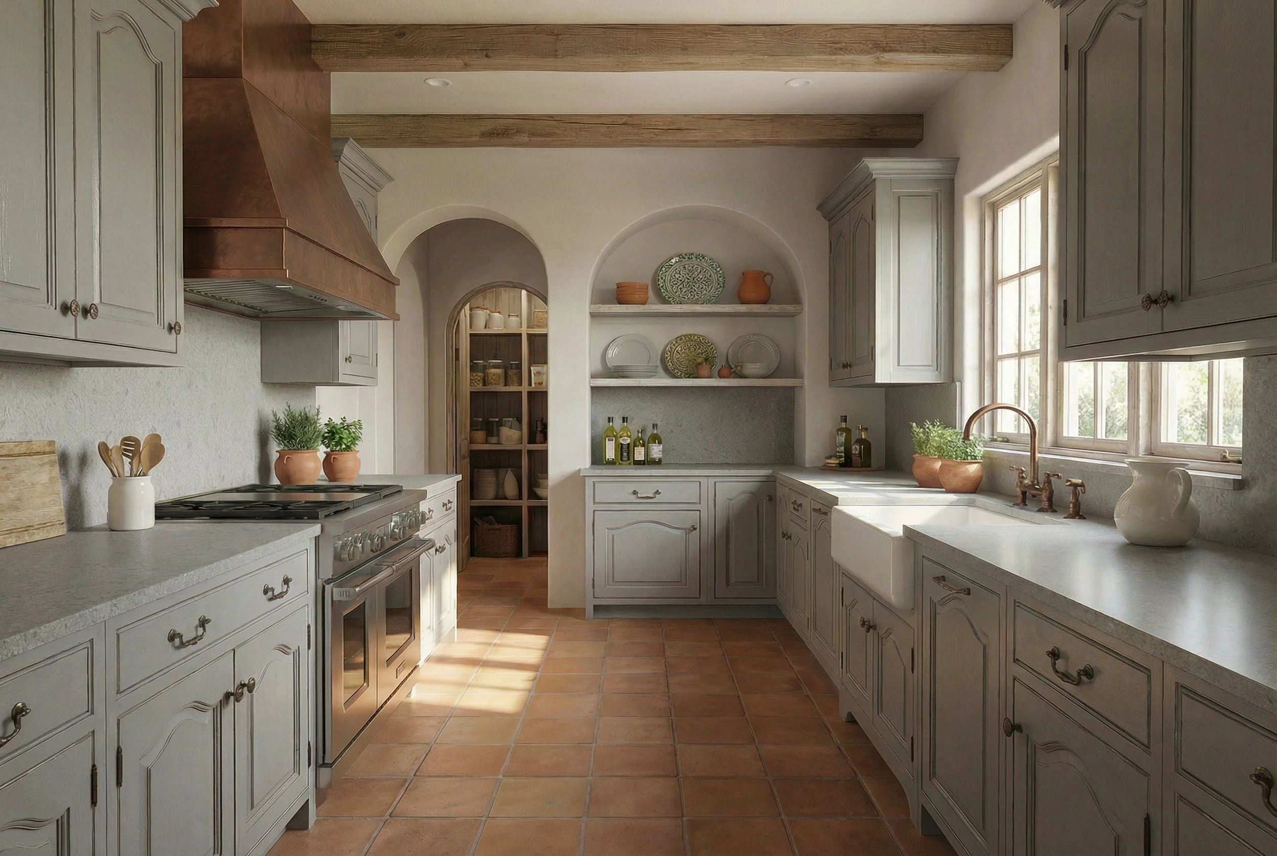 Luxus Küche mit heller Quarz Oberfläche