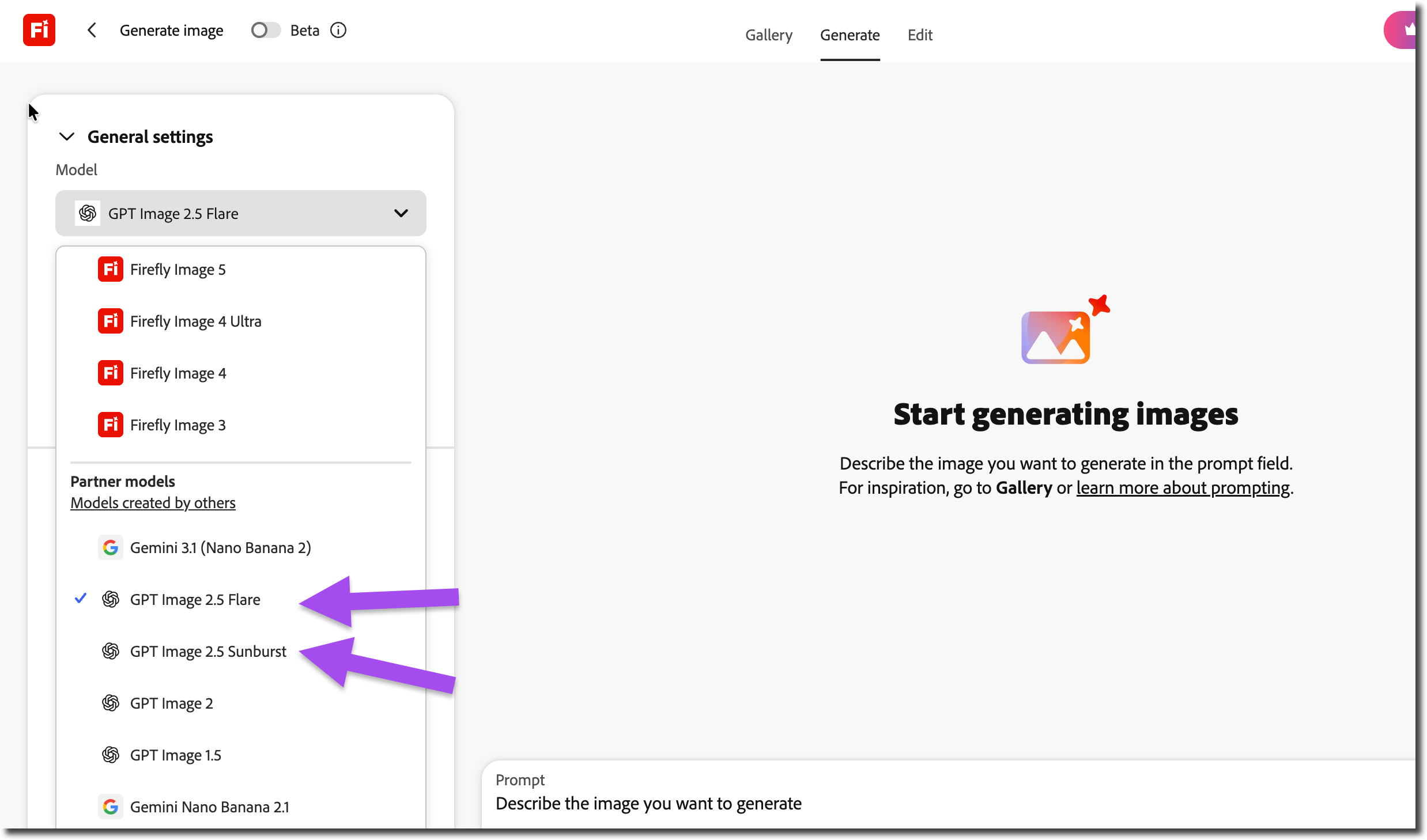 Locate GPT Image 2.5 in Adobe Firefly