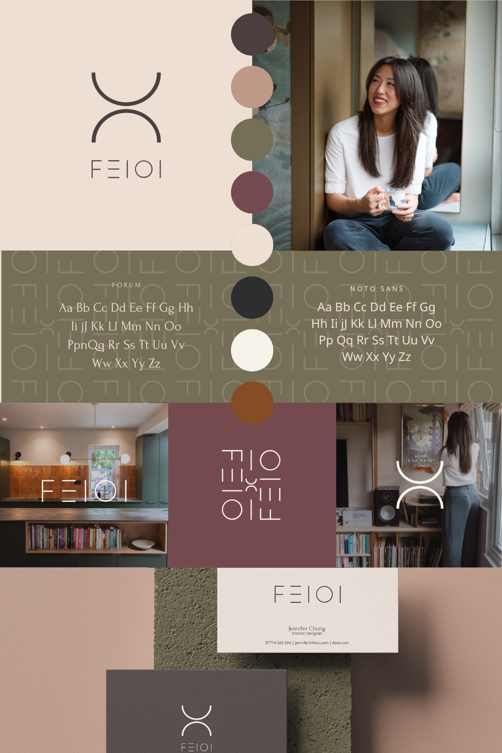 A collage of interior design images, including a woman sitting and smiling with a mug, a kitchen with bookshelves and lighting, and a woman looking out a window, with various color palette swatches and typography samples.