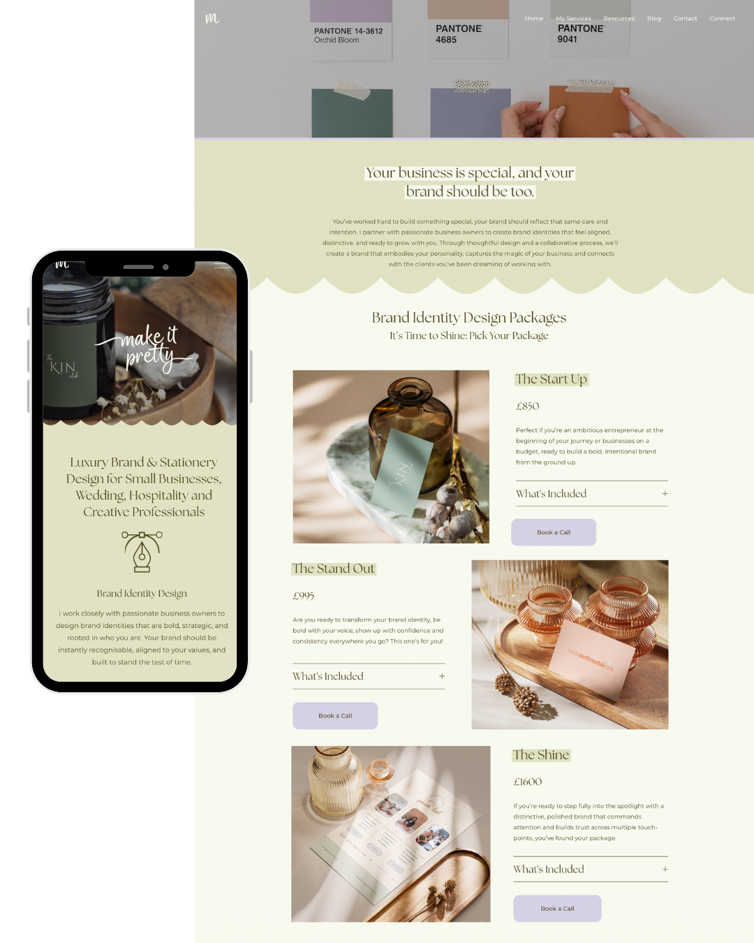 Website and mobile view showcasing luxury brand and stationery design services for small businesses, weddings, hospitality, and creatives, featuring branding packages and pricing.