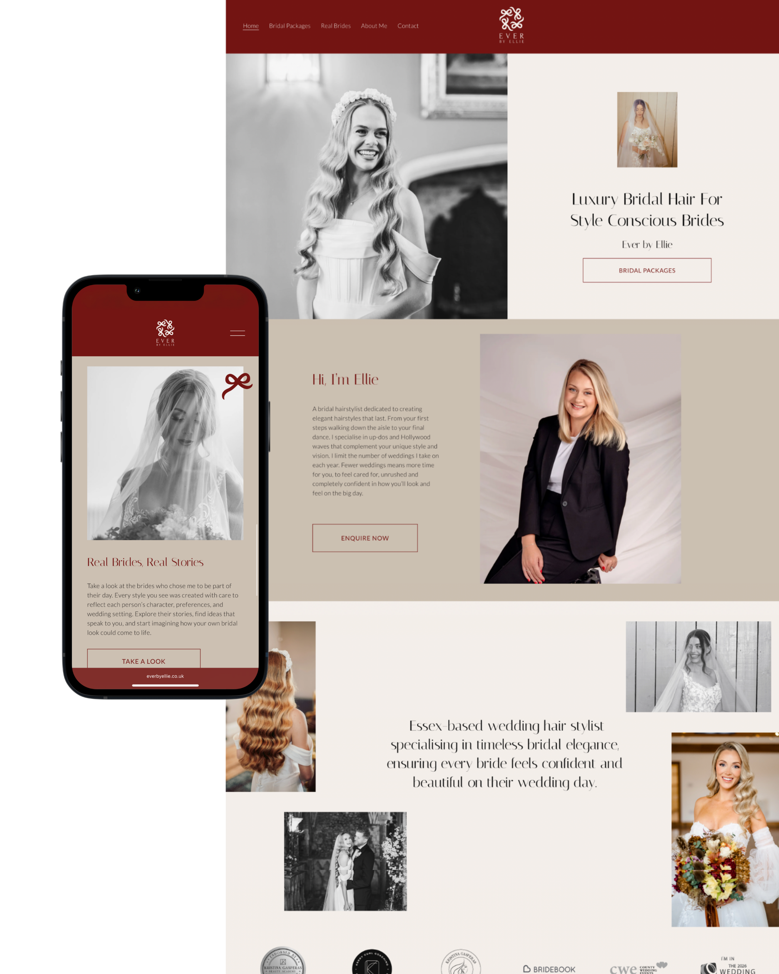 Website homepage for a bridal hair stylist with images of brides and a stylist, showcasing elegant wedding hairstyles and services.