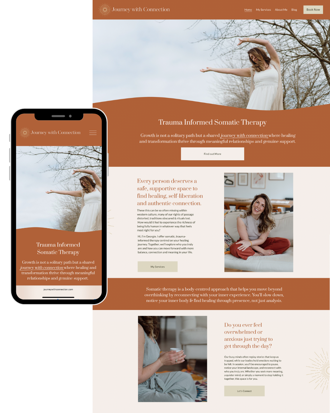 Screenshot of a website for Journey with Connection, offering trauma-informed somatic therapy. The site includes images of a woman outdoors and indoors, with navigation links and text about healing, self-liberation, and authentic connection.