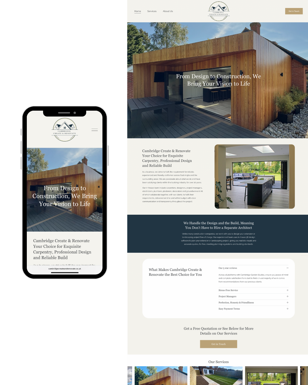 Responsive website displayed on both desktop and mobile devices for Cambridge Create & Renovate, showcasing a modern wooden exterior extension with outdoor seating and an interior kitchen renovation with large windows overlooking a garden.