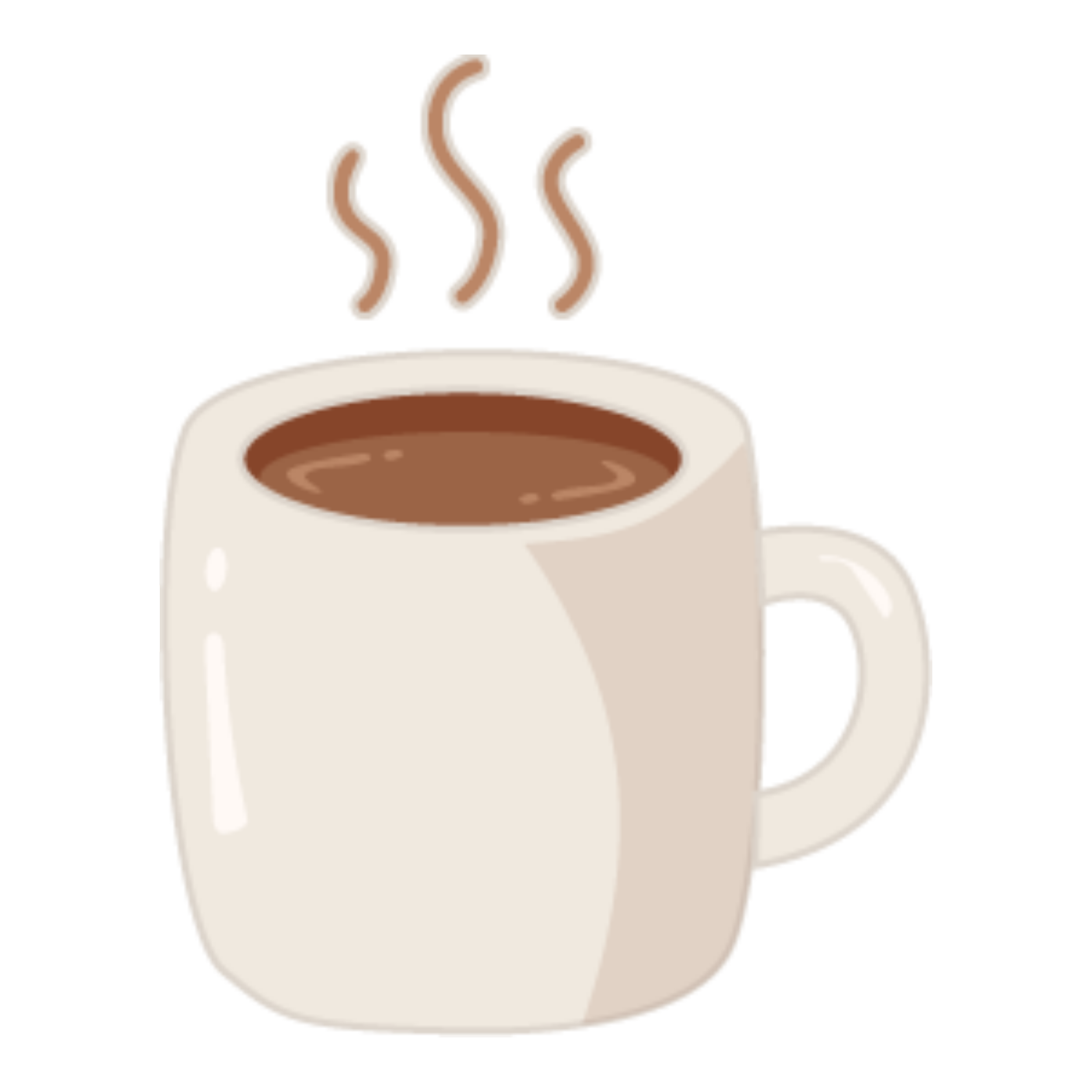 A pixelated digital illustration of a white coffee mug with beige steam lines rising from it on a black background.