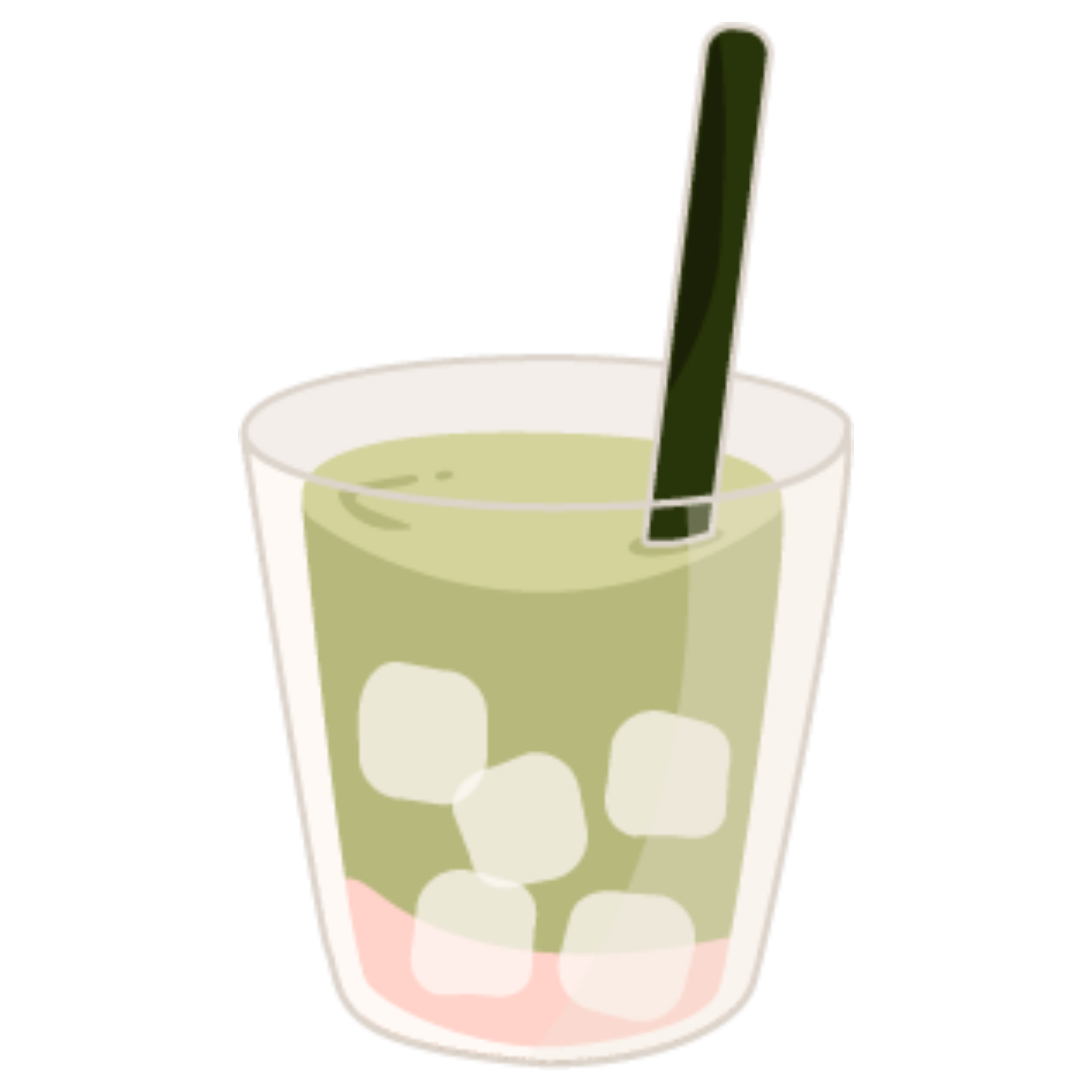 Pixelated image of a white cup filled with green liquid, with a dark green spoon inside, and a large red rectangle on the right side.