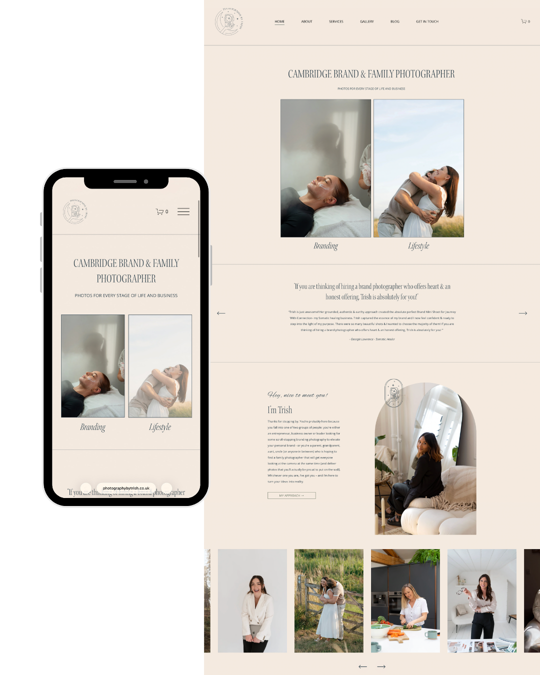 A website homepage shown on a desktop screen and mobile device, promoting photography services with a woman practicing yoga in the main image and sections for services like photography, family, couples, and weddings.