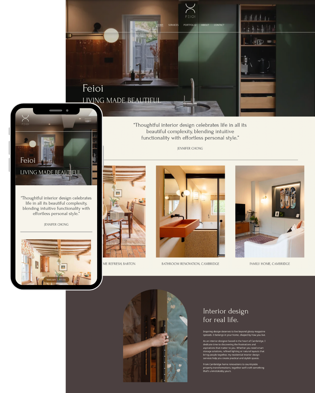 Responsive web design showing interior design services of Feioi, featuring images of modern kitchens, bathrooms, and living rooms, with a quote about interior design and text emphasizing real-life spaces.