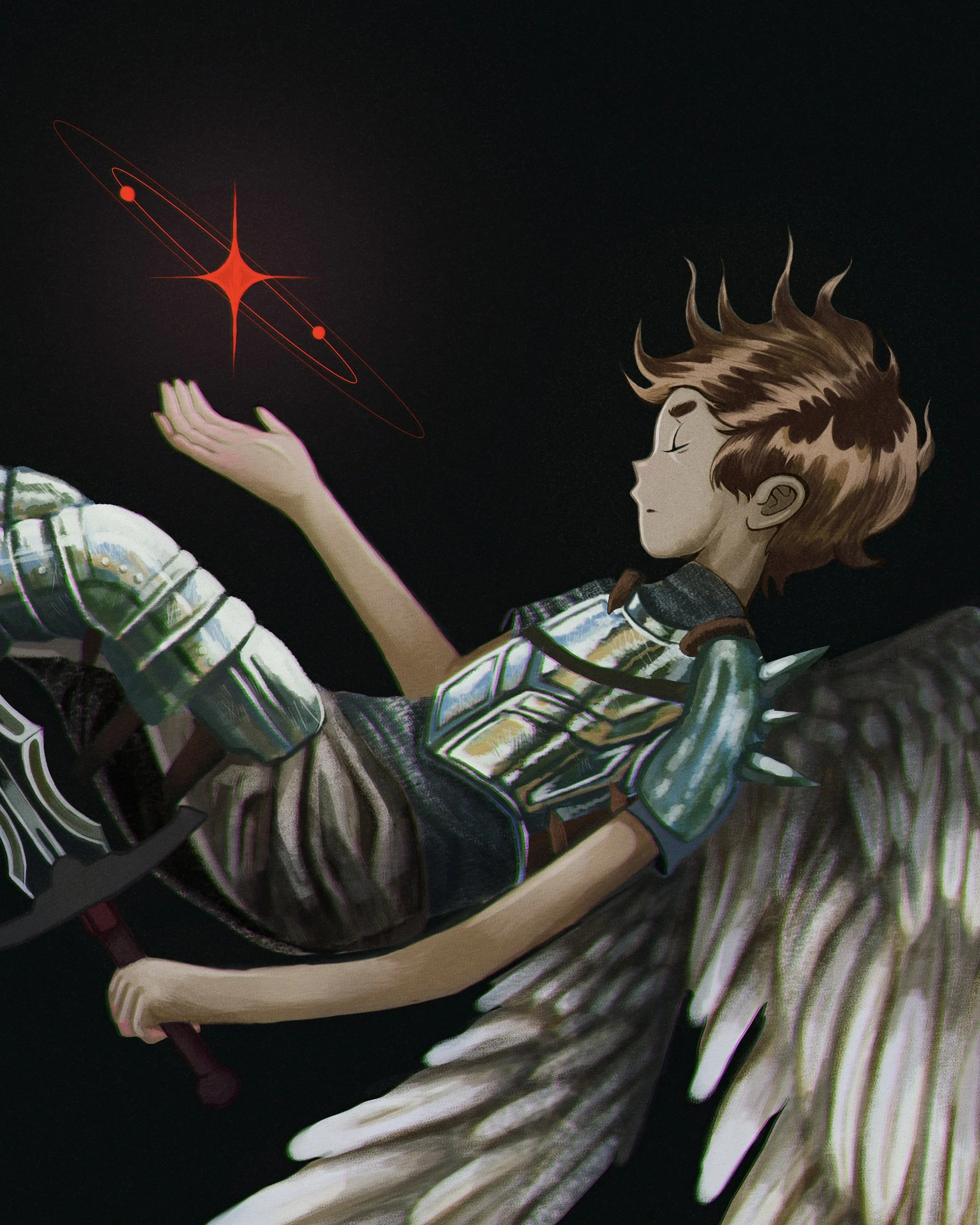 A drawing of a child with brown hair and long-sleeved clothing, holding a ball with red lines and dots floating above her hand. Black background.