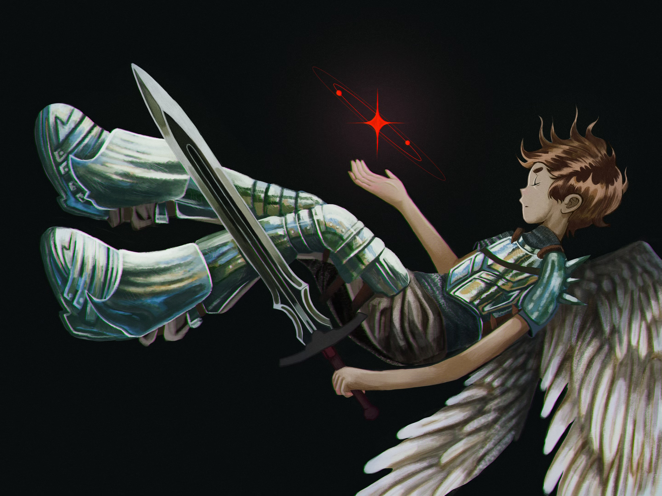 A stylized illustration of a teenage girl with brown hair, wearing striped clothing, lying on her side and holding a spear, with one hand outstretched as if offering an object into space, against a black background with bright red stars in the center.