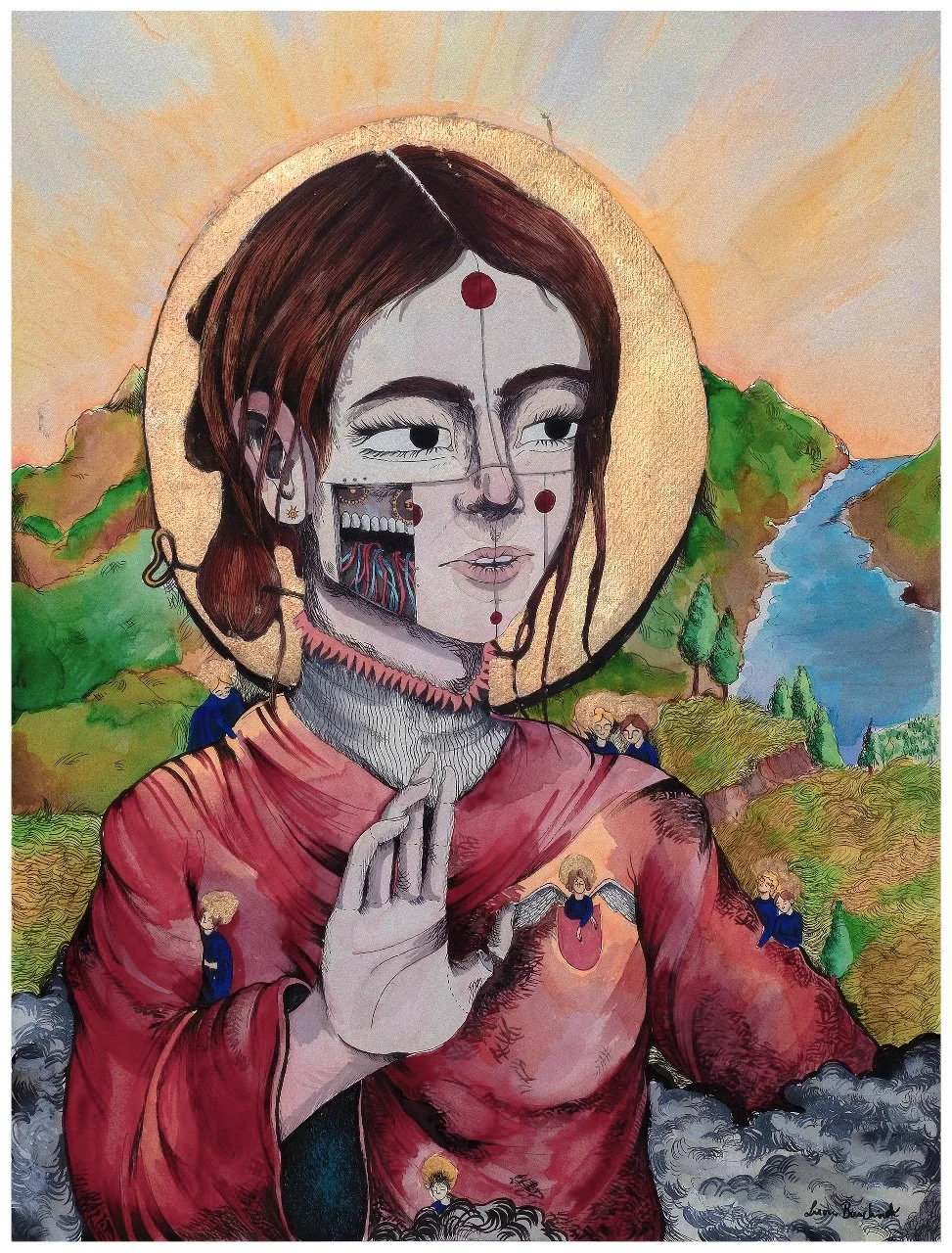 Ilustração de uma figura feminina com rosto parcialmente exposto mostrando ser parte cibernética, combinando elementos das pinturas renascentistas a robotica moderna, com natureza e anjinhos ao fundo.
