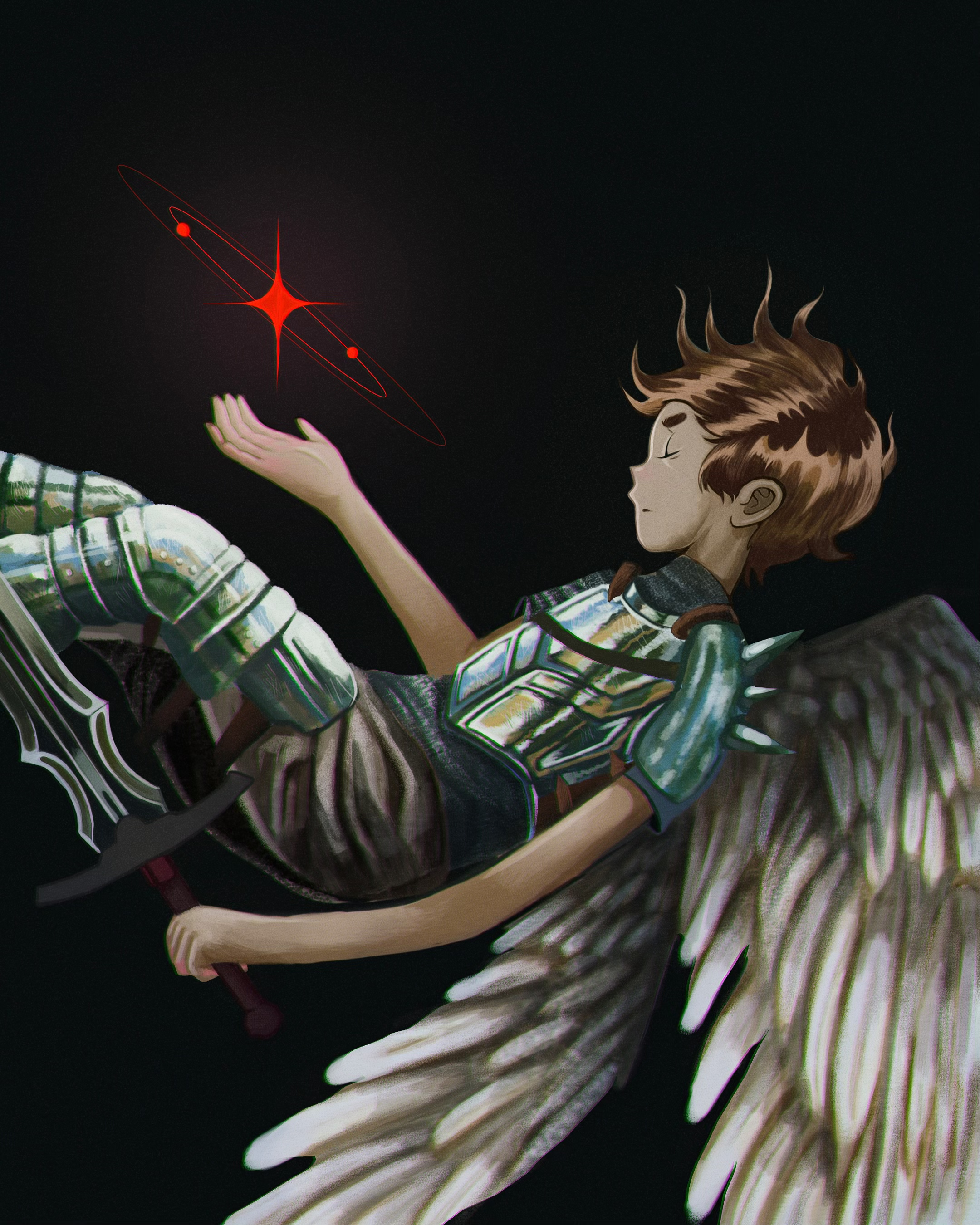 Illustration of a child with brown hair next to a hand holding up a shining star, against a dark background.