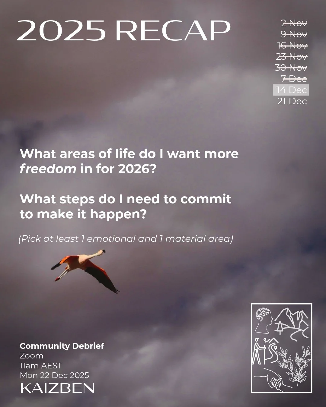 Prompt 7 of 8:

🙌 I assert that freedom our birthright as humans, and something everyone desires. What does that look like for you in particular?

🛣️ Imagine you're reviewing this question at the end of 2026. What steps could you look back on?
🪶 L