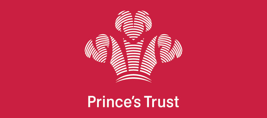 A red background with a white stylized crown made of lines and the text 'Prince's Trust' below it.