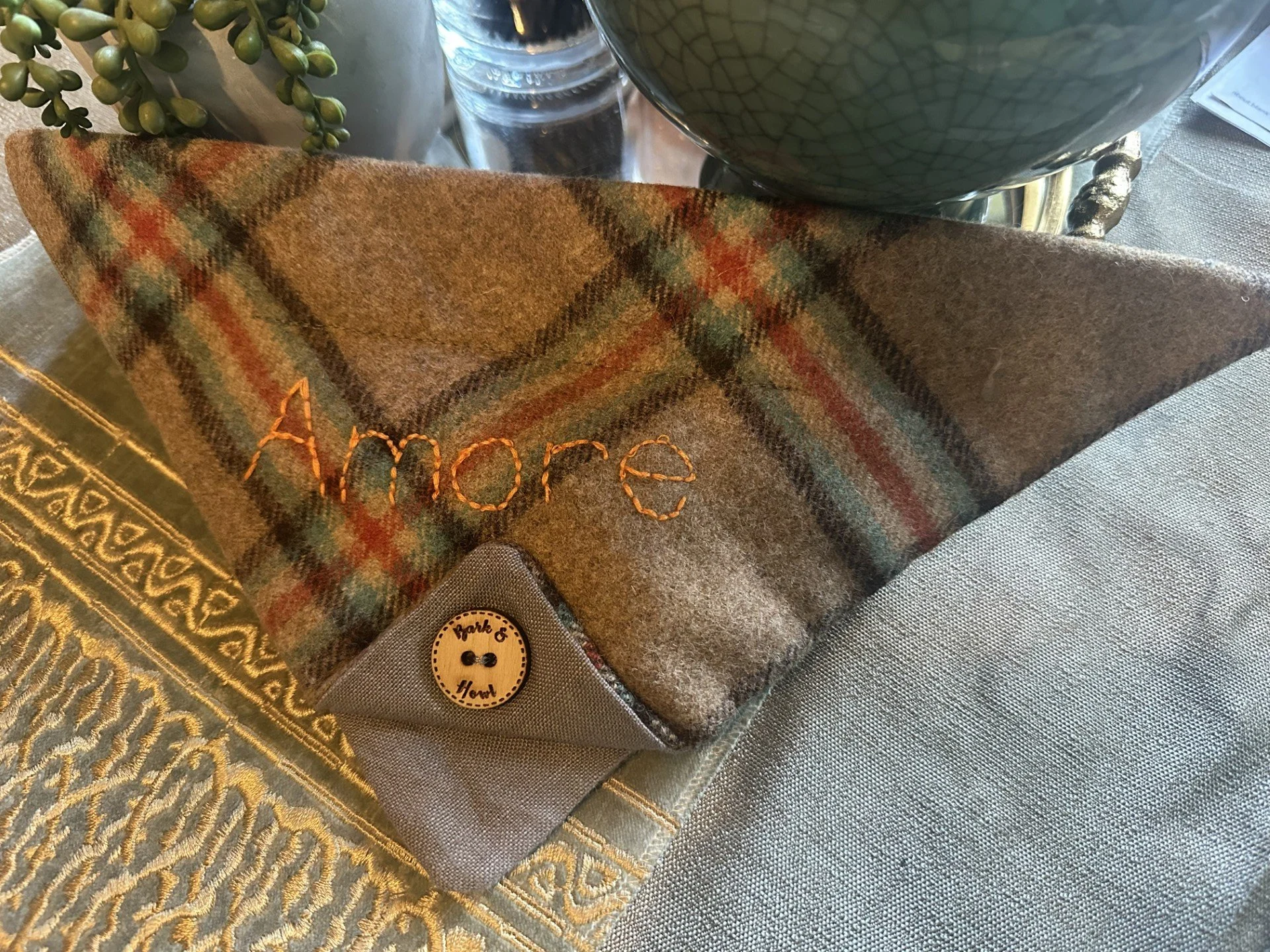 Handmade dog bandana scarves with hand-embroidered positive affirmations