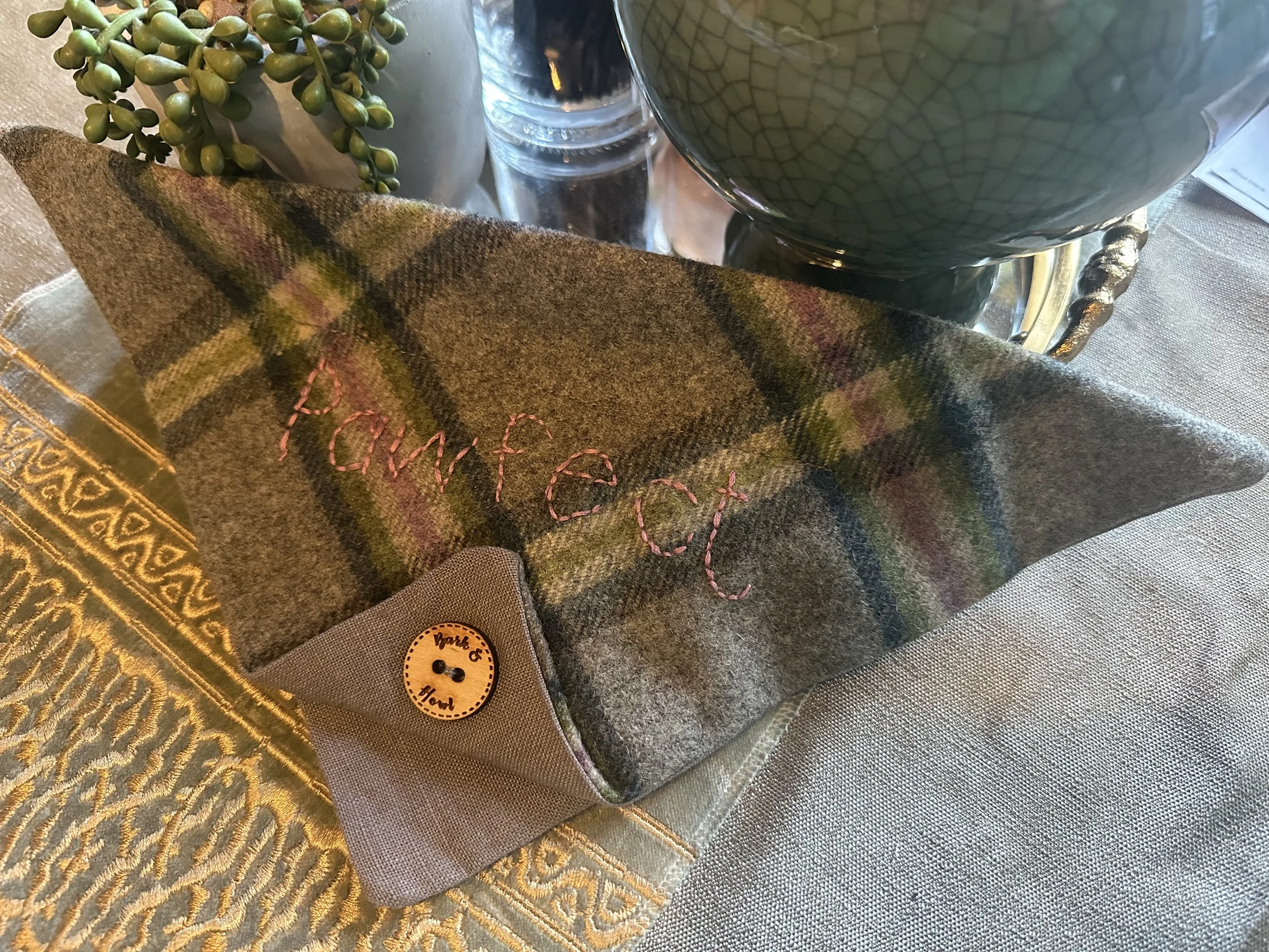 Handmade dog bandana scarves with hand-embroidered positive affirmations