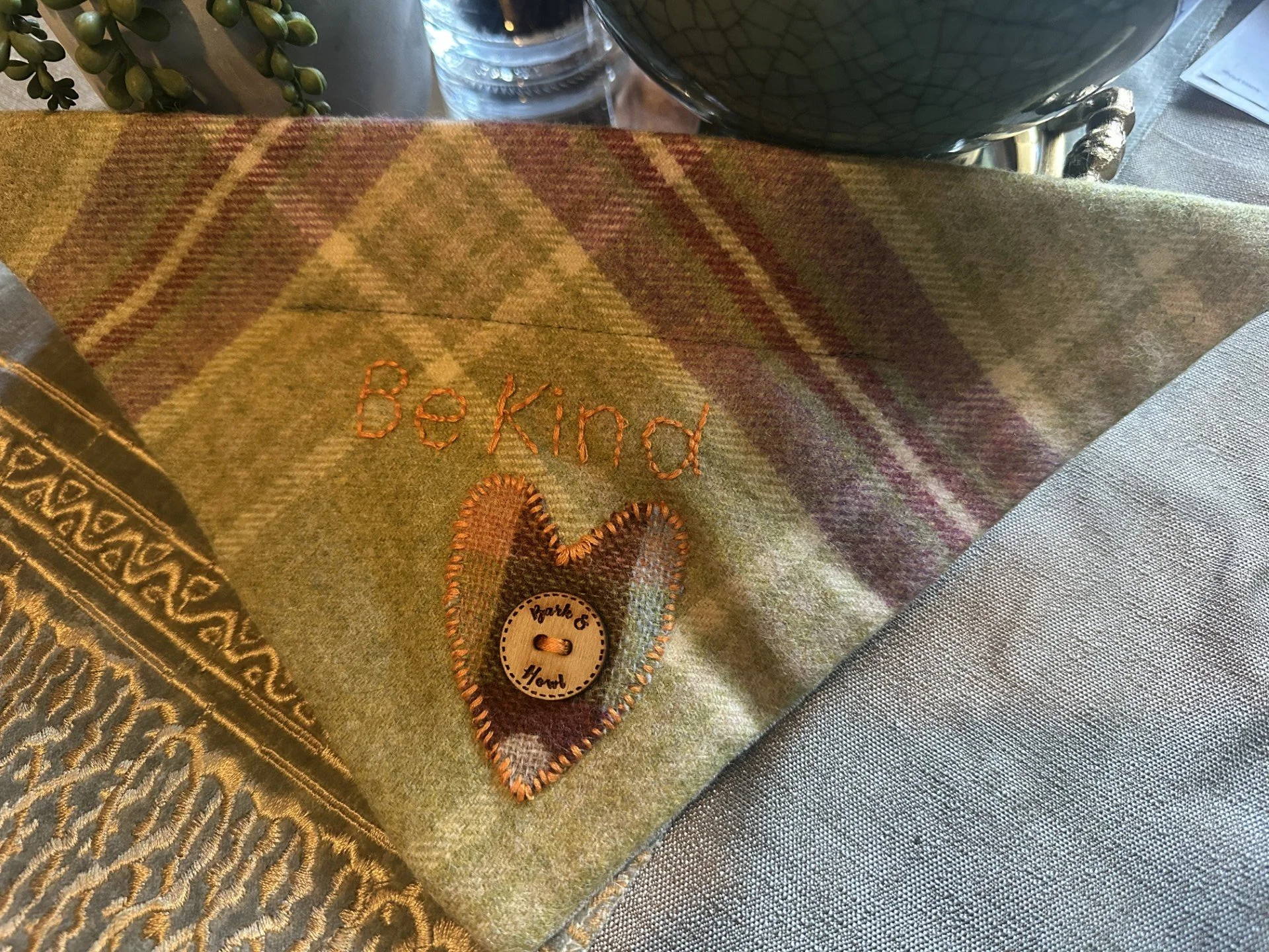 Handmade dog bandana scarves with hand-embroidered positive affirmations